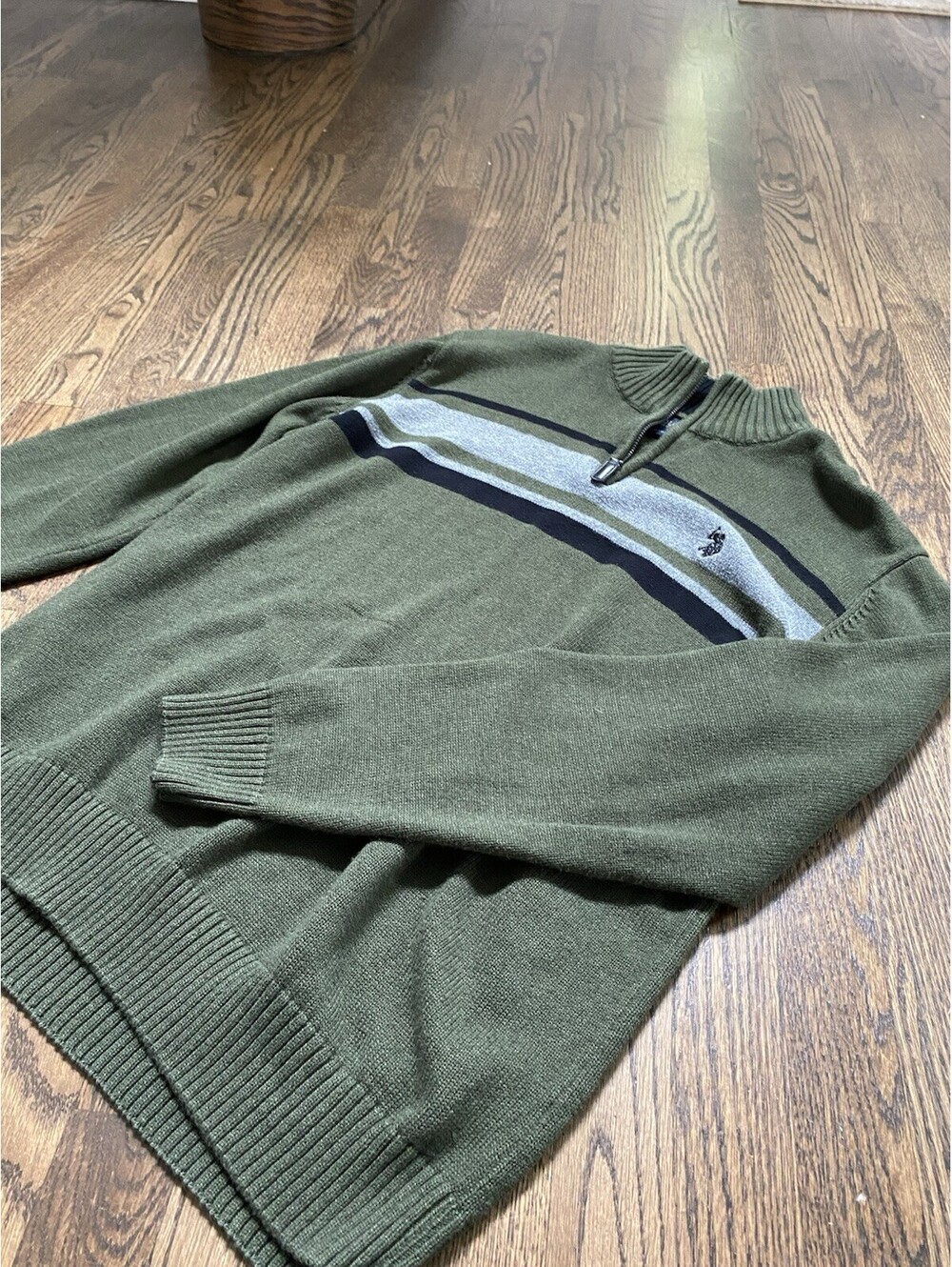 U.S. Polo Assn. Olive Quarter Zip-Neck Sweater with Navy and Gray Stripes XL